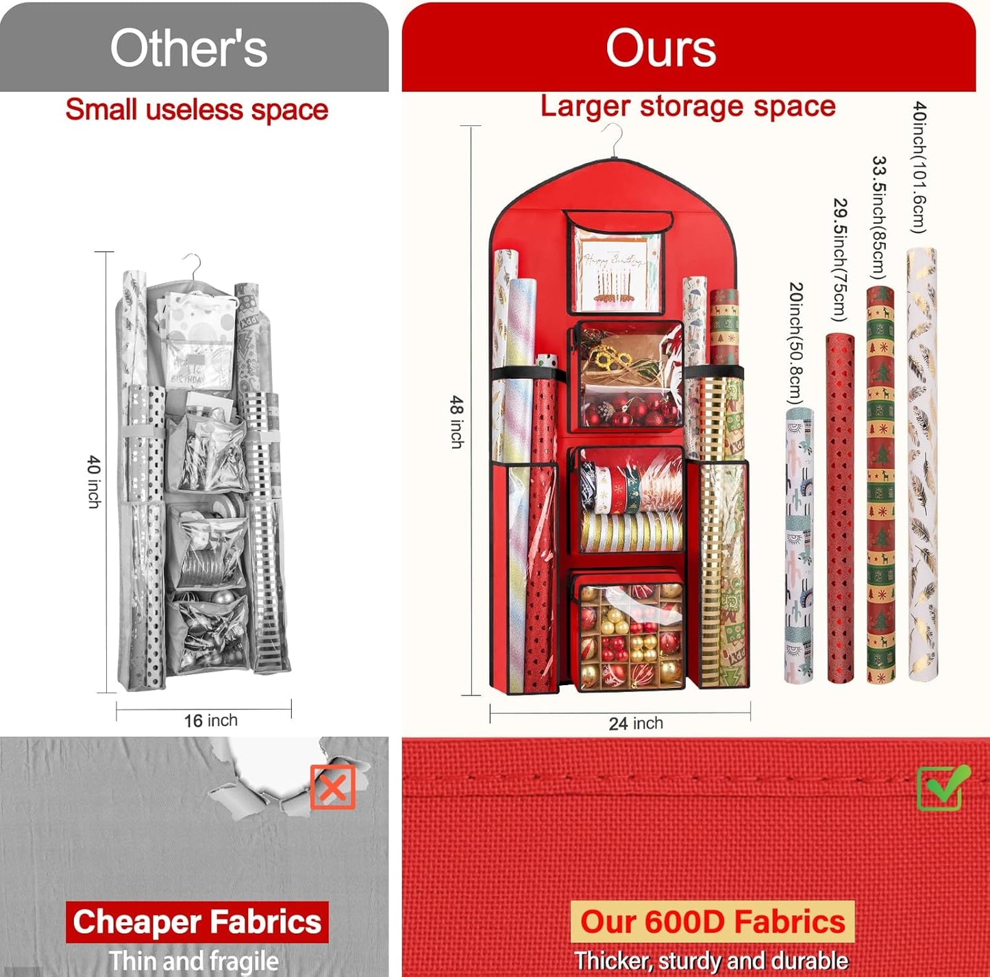 Woodoulogy Extra Large Red Double-Sided Christmas Gift Wrapping Paper Storage - 48x24 Oxford Organizer