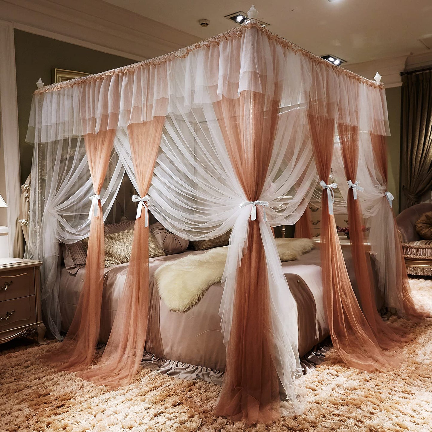 Joyreap Luxury 4 Corners Post Canopy Bed Curtains - Coral & White Cozy Drape Netting - Cute Princess Style Bedroom Decoration Accessories(Reddish Brown,86" W x 78" L, King)