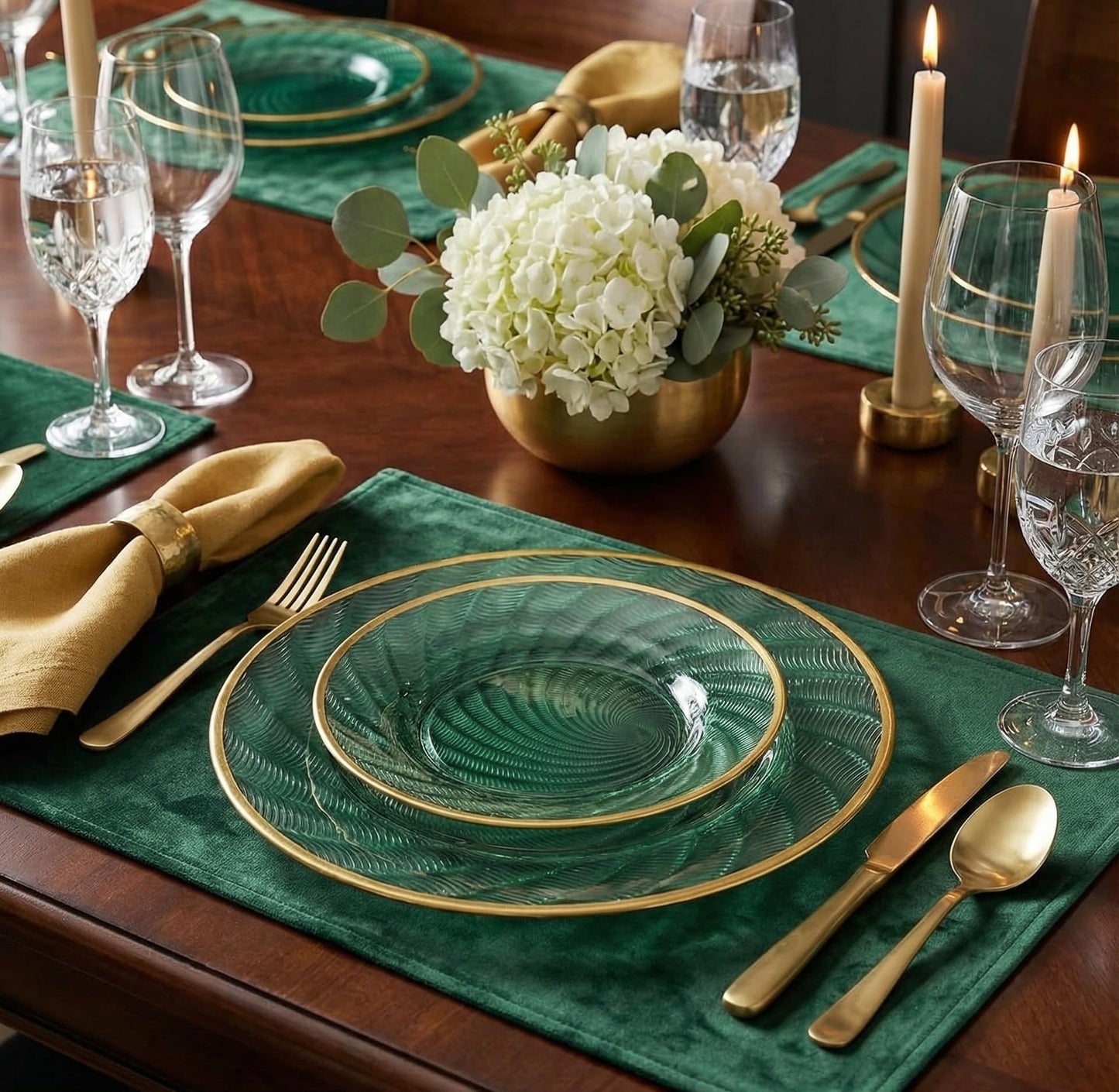 Lillian Tablesettings 32-Piece Tinted Green Plastic Plates Set, 16×10" Dinner & 16×7" Salad Plates, Heavyweight Disposable Plates with Gold Rim, Elegant Swirl Design Dinnerware
