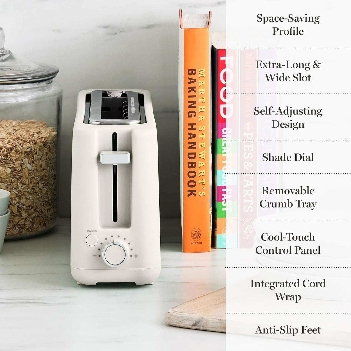 Martha Stewart 2-Slice Long Slot Toaster - Extra Wide for Sourdough & Bagels | 10 Shade Settings, Slim Design