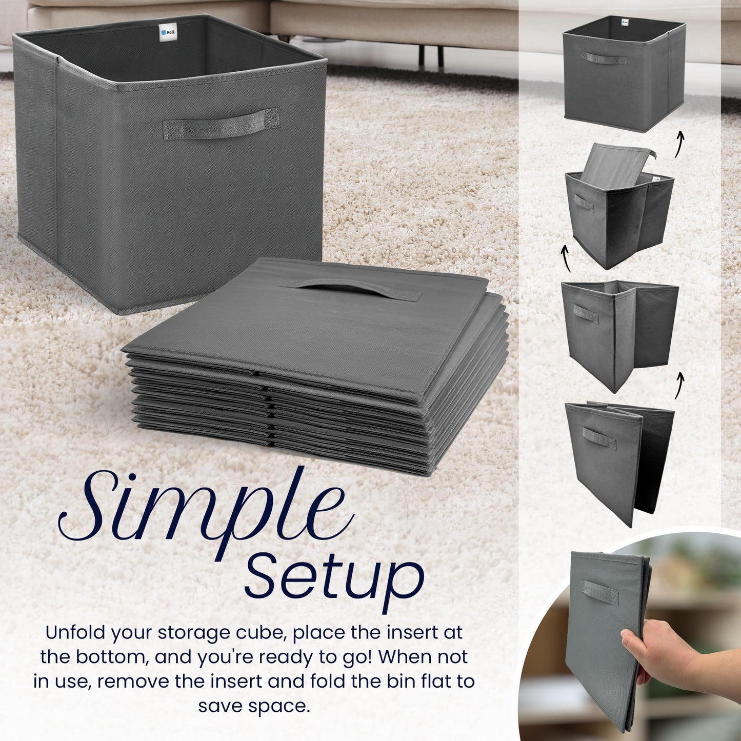 Reli. 13x13x13 Storage Cube Bins (8 Pack) | Large Cube Organizer Bins | 13x13 Fabric Storage Boxes | Fits Kallax | Collapsible, Foldable Fabric Cubby Box (Square) | Kids Room Organization (Dark Gray)