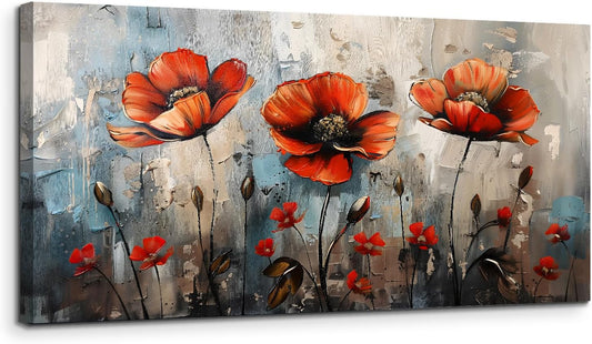 **SERIMINO Large Floral Botanical Canvas Wall Art - Vibrant Red Flowers for Living Room & Home Decor | 20" x 40"**