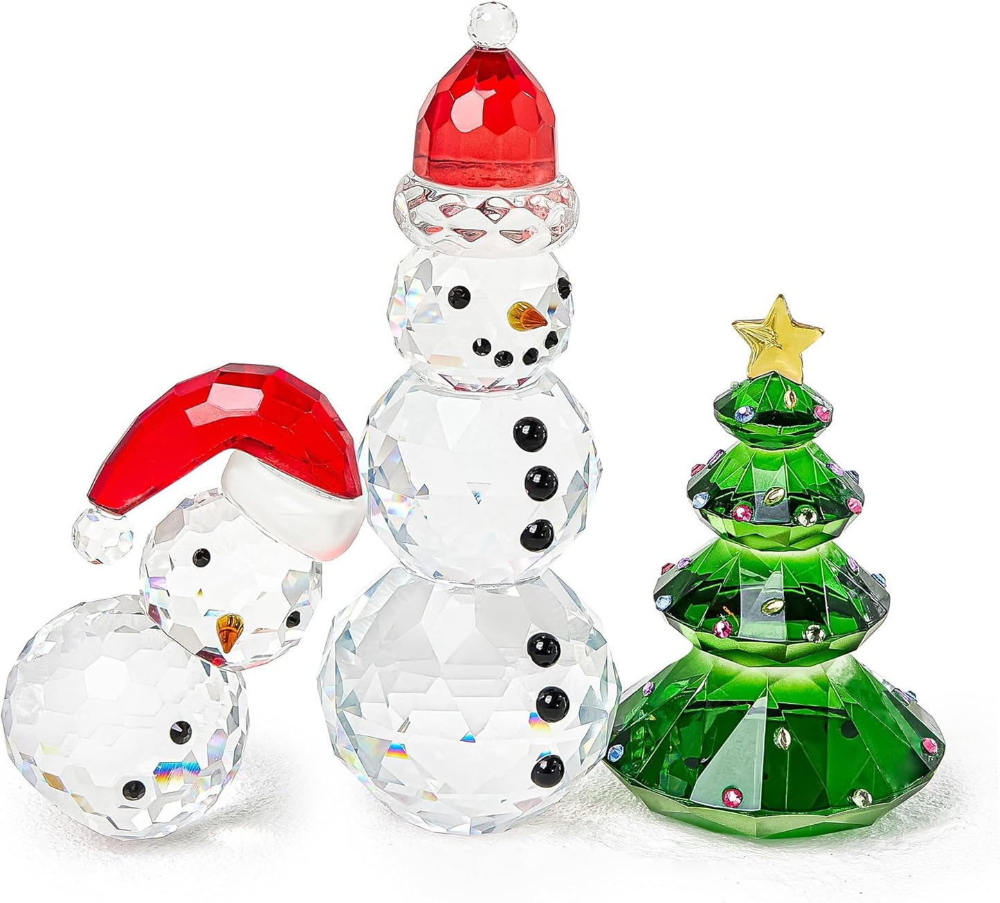 QFkris Crystal Snowman and Tree Figurines Set - Elegant Glass Christmas Decor | Small Tabletop Paperweights