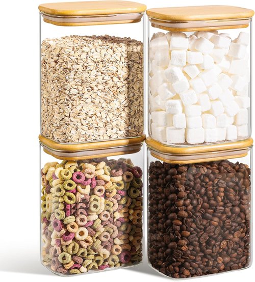 ComSaf Glass Storage Containers - 1.2 Qt Rectangle Jars with Bamboo Lids for Food & Pantry Organization