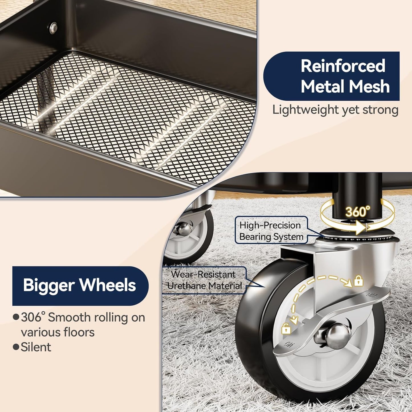 YASONIC 3-Tier Rolling Utility Cart - Heavy-Duty Metal Storage Organizer with Wheels & Hooks | Perfect for Kitchen & Office