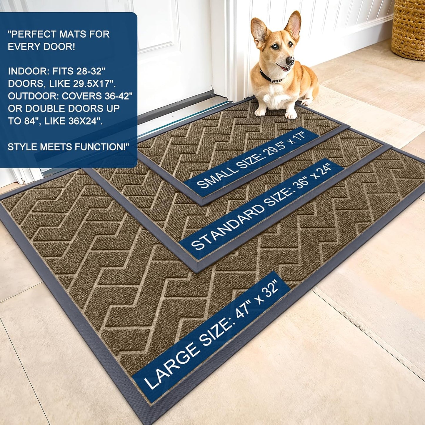OLANLY Indoor Outdoor Front Door Mat - Waterproof All-Season Doormat, Sturdy Rubber, Herringbone Brick (Brown, 59x35)