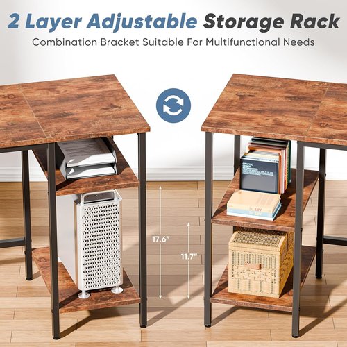 DUMOS L-Shaped Gaming Desk - 62 Inch with Charging Station & Dual Monitor Stands | Brown Corner Computer Desk with Drawer & Adjustable Shelves