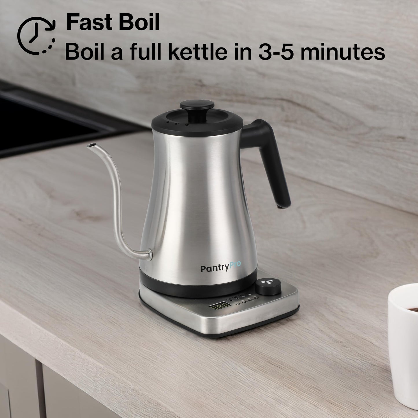 PantryPro Gooseneck Electric Kettle with Temperature Control, 34oz/1.0L Rapid Boil, Stainless Steel Interior, Auto Shut-Off, 1500W, Boil-Dry Protection, LED Indicator - Steel