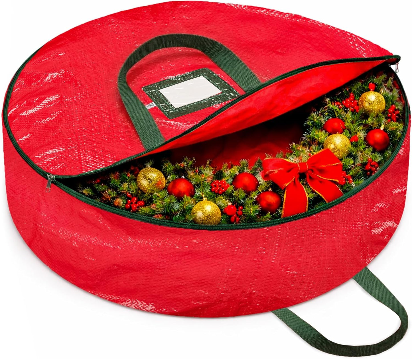ZOBER Christmas Wreath Storage Container - 24 Inch Dual Zippered Bag with Durable Handles - Red