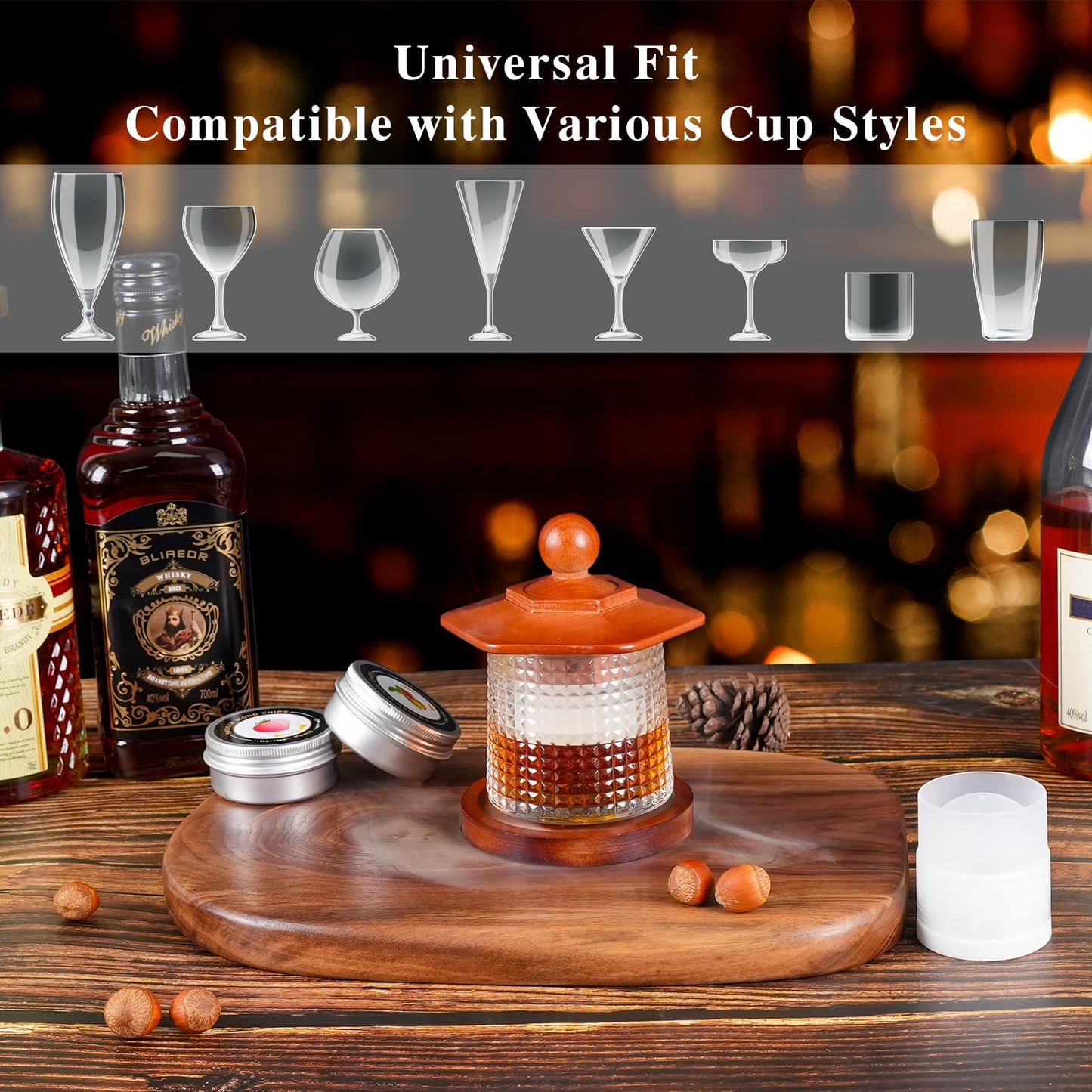 Whiskey Smoker Kit with Torch - 6 Flavors Wood Chips, 2 Rotatable Whiskey Glasses, 2 Ice Ball Molds - Cocktail Smoker Infuser Kit, Old Fashioned Smoker Kit, Birthday Gifts for Men, Dad(NO Butane)