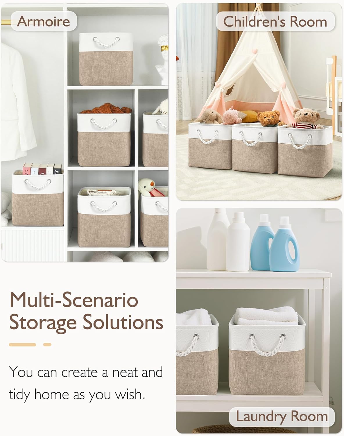 Patvingot 11-Inch Cube Storage Bins - 6 Pack Fabric Organizer Baskets with Rope Handles | White/Khaki