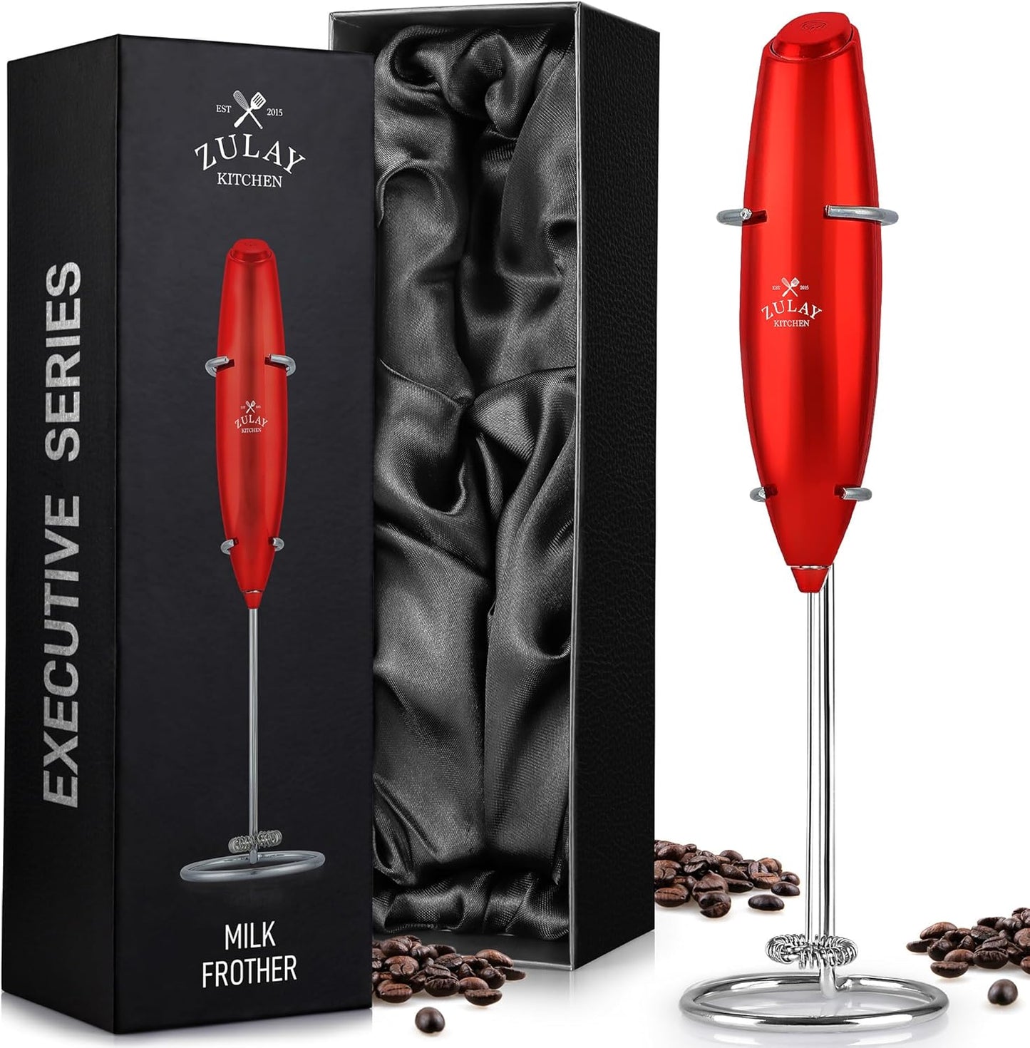 Zulay Kitchen Luxury Milk Frother - Handheld Electric Foam Maker for Coffee & Lattes | Cardinal Red Finish