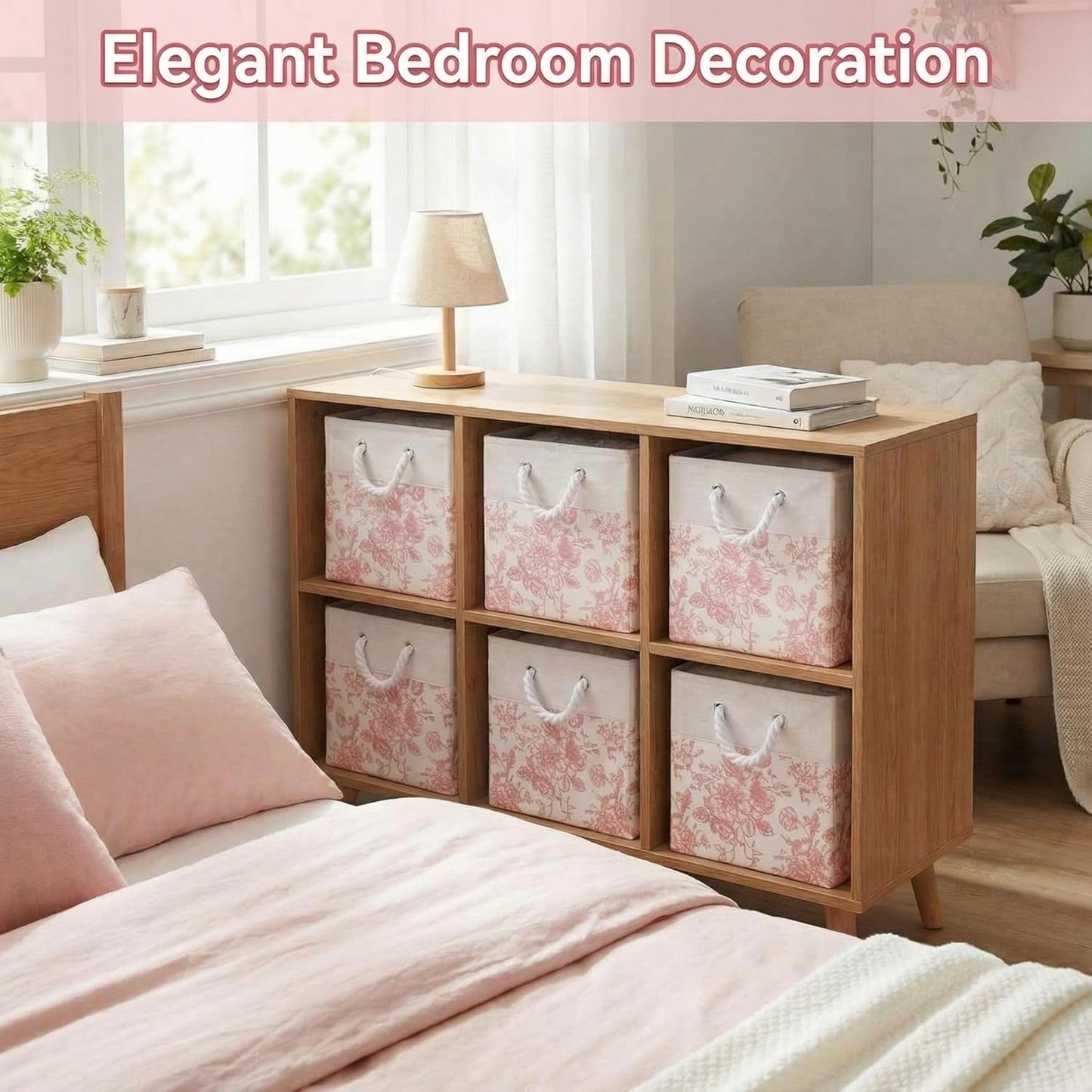 LemonRoad Pink Floral Cube Storage Bins - 6 Pcs Collapsible 11.22 Inch Organizer Baskets for Home & Office
