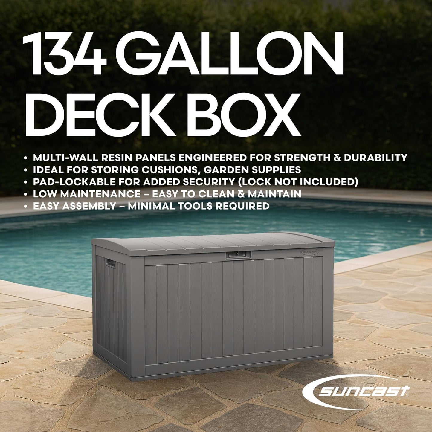 Suncast Extra-Large Outdoor Patio Deck Box - 134-Gal Resin Storage Solution for Cushions & Tools | Dove Gray