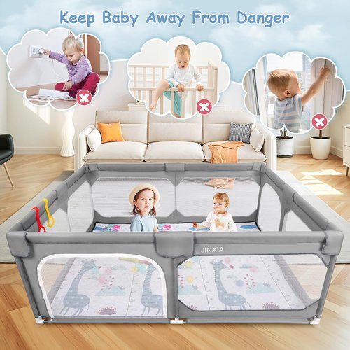 JINXIA Baby Playpen - Large Climb-Proof Safety Play Yard with Soft Mesh Mat | 75" x 59" - Grey