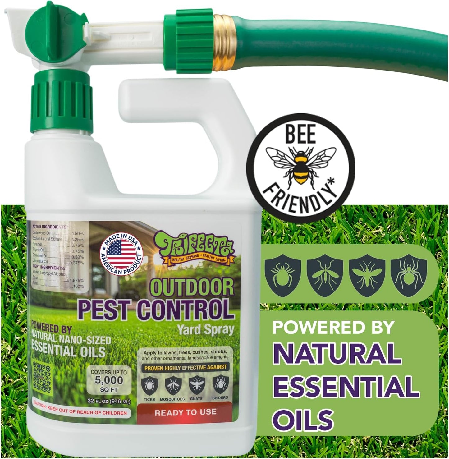 Trifecta Natural Outdoor Pest Control Yard Spray - Essential Oils Mosquito, Ant, Flea & Tick Killer | Safe for Kids & Pets | 32oz