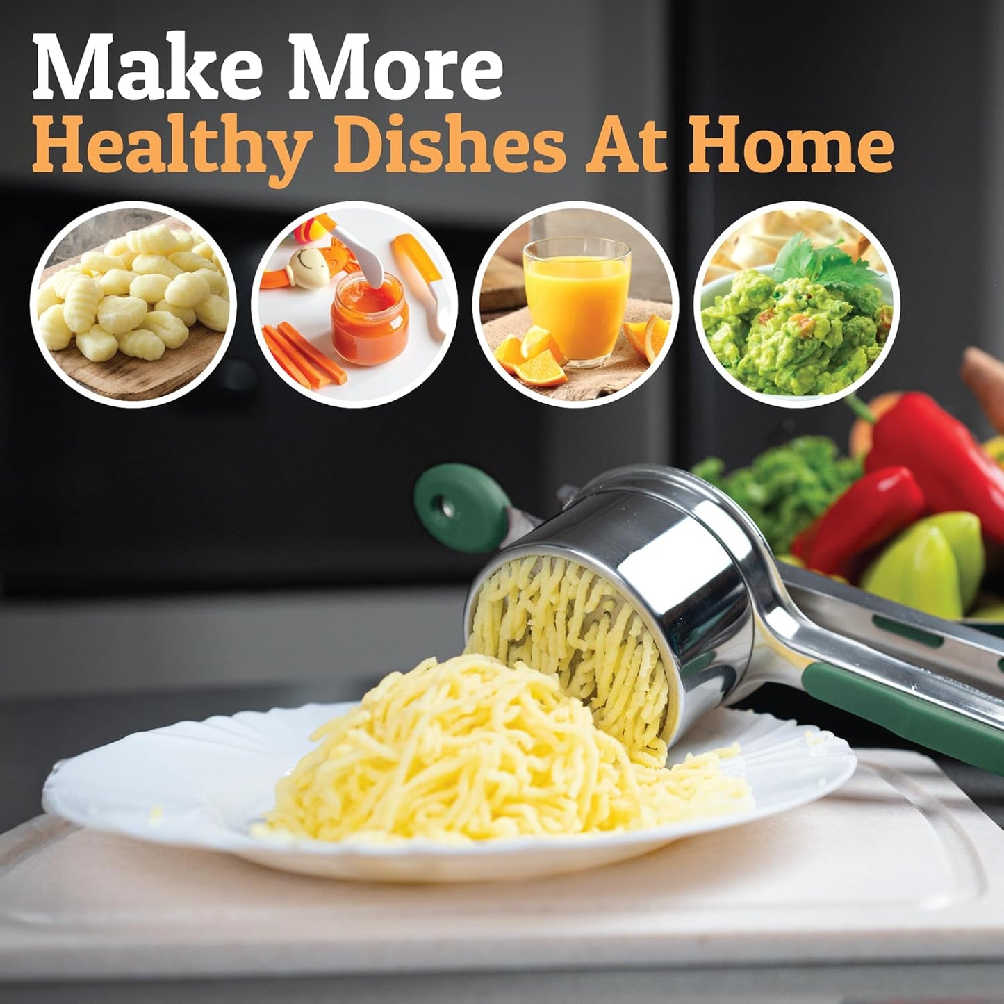 PriorityChef 15oz Potato Ricer - Heavy Duty Stainless Steel Masher for Perfect Mashed Potatoes | Green