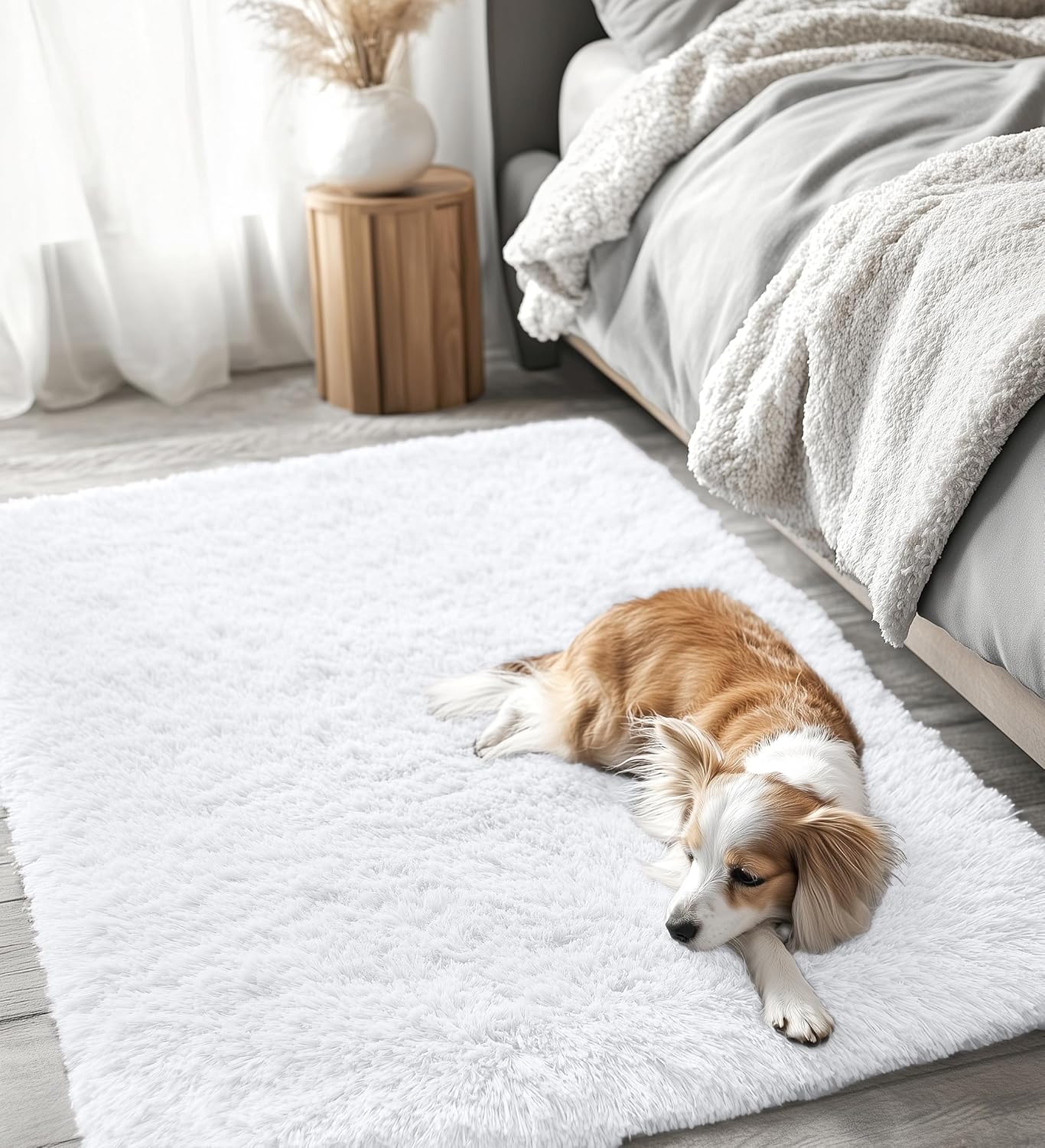 OLANLY Soft Fluffy Shaggy Area Rug - 4x5 Machine Washable Accent Rug for Bedroom & Living Room | White