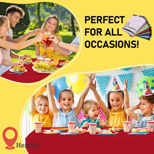 Hereisa Red Plastic Tablecloths 2 Pack Ruby Disposable Table Covers 54 x 108 Inch Bridal Party Tablecovers PEVA Table Cloths for BBQ Picnic Birthday Wedding Banquet Parties 8 ft Rectangle Table Use