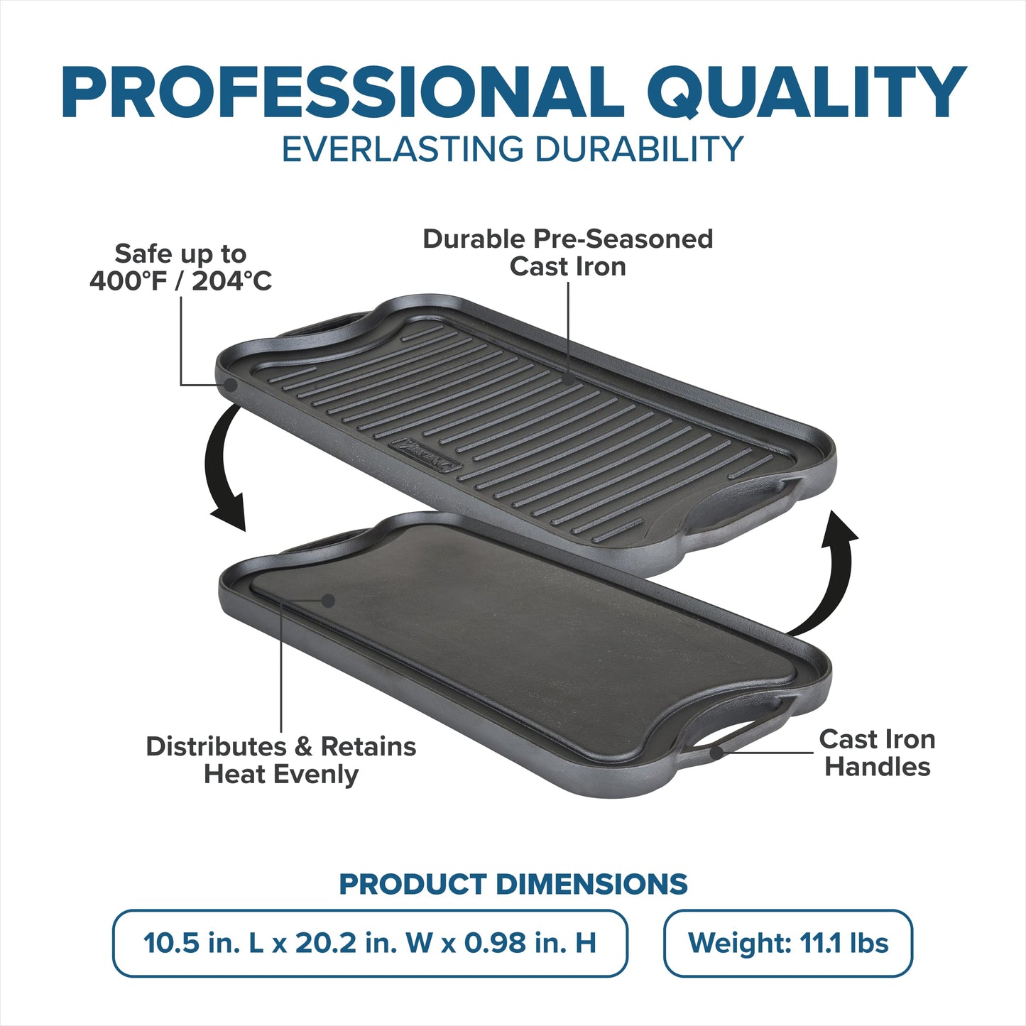 Viking Griddle, 20 Inch Reversible Cast Iron Grill Pan, Pre-Seasoned, Oven Safe, Induction Ready, Black