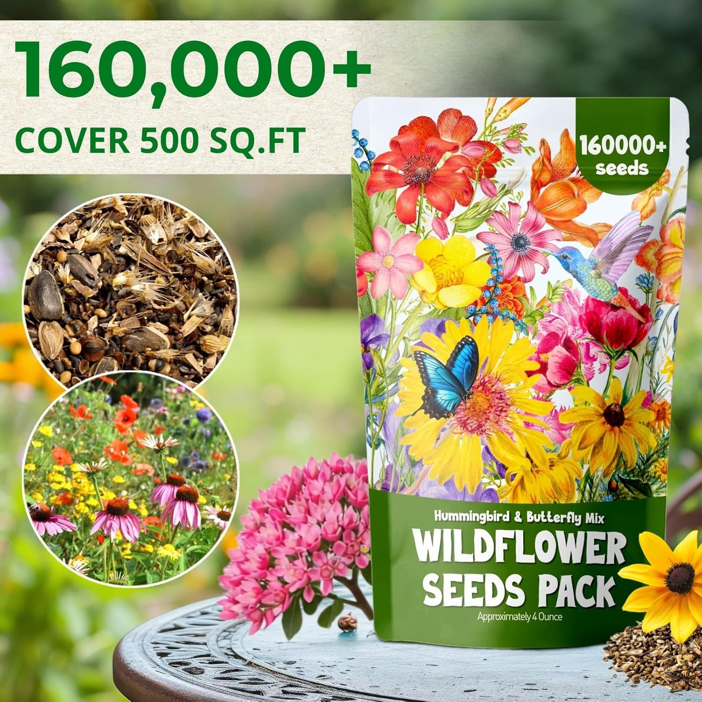Wildflower Seeds by 160000+ | 4oz Assortment of Sunflower, Lavender, Zinnia & More - Attracts Bees & Butterflies, Easy to Grow