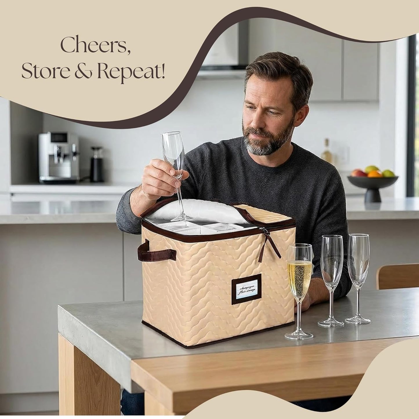 Regine Switzerland Wine Glass Storage Box - Durable Quilted Microfiber Case with Dividers | Protects Stemware (1 Pack, Champagne Flute)