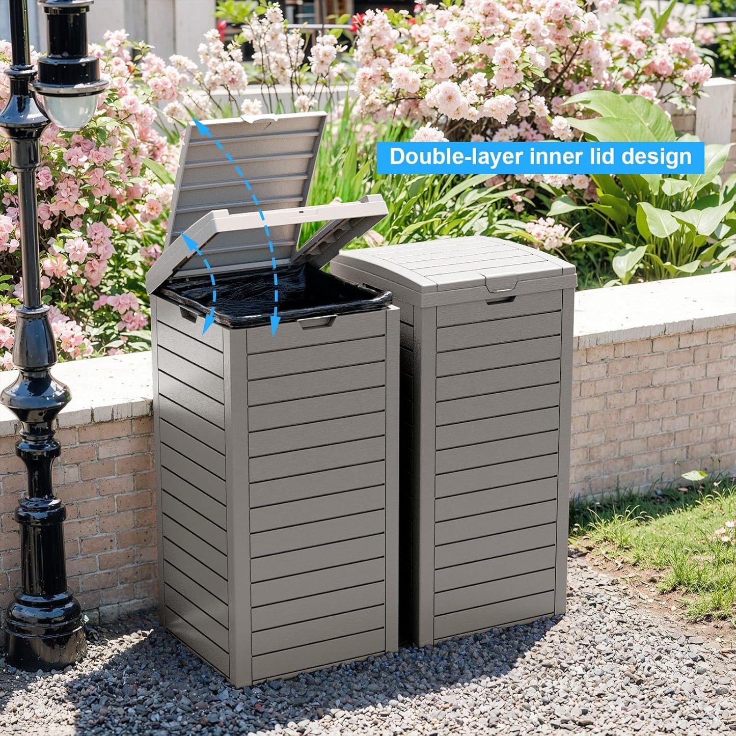 Regine Switzerland Outdoor Trash Can - Waterproof Resin Bin with Dual Lid Closure | 38 Gallon, Grey