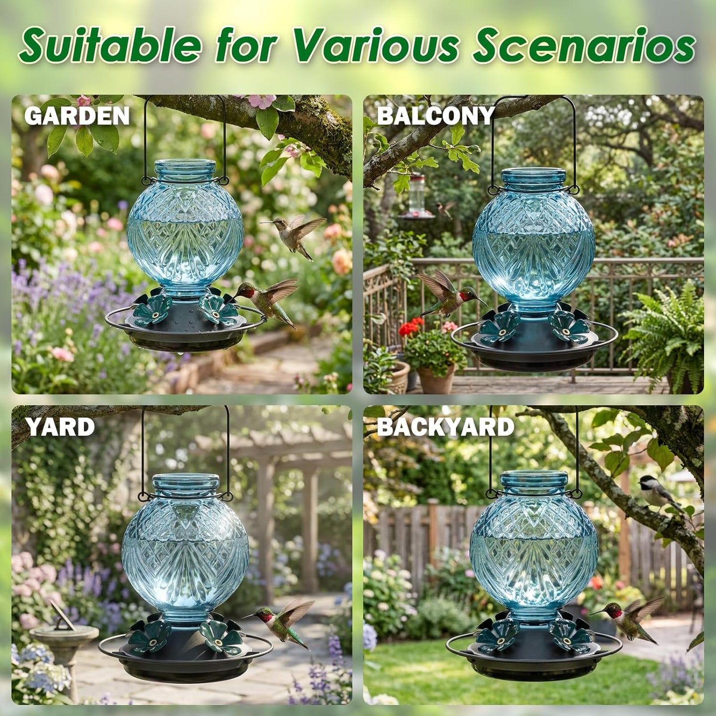 Skiennix Glass Hummingbird Feeder - 20oz Outdoor Nectar Feeder with Bee Guards & Ant Moat | Blue