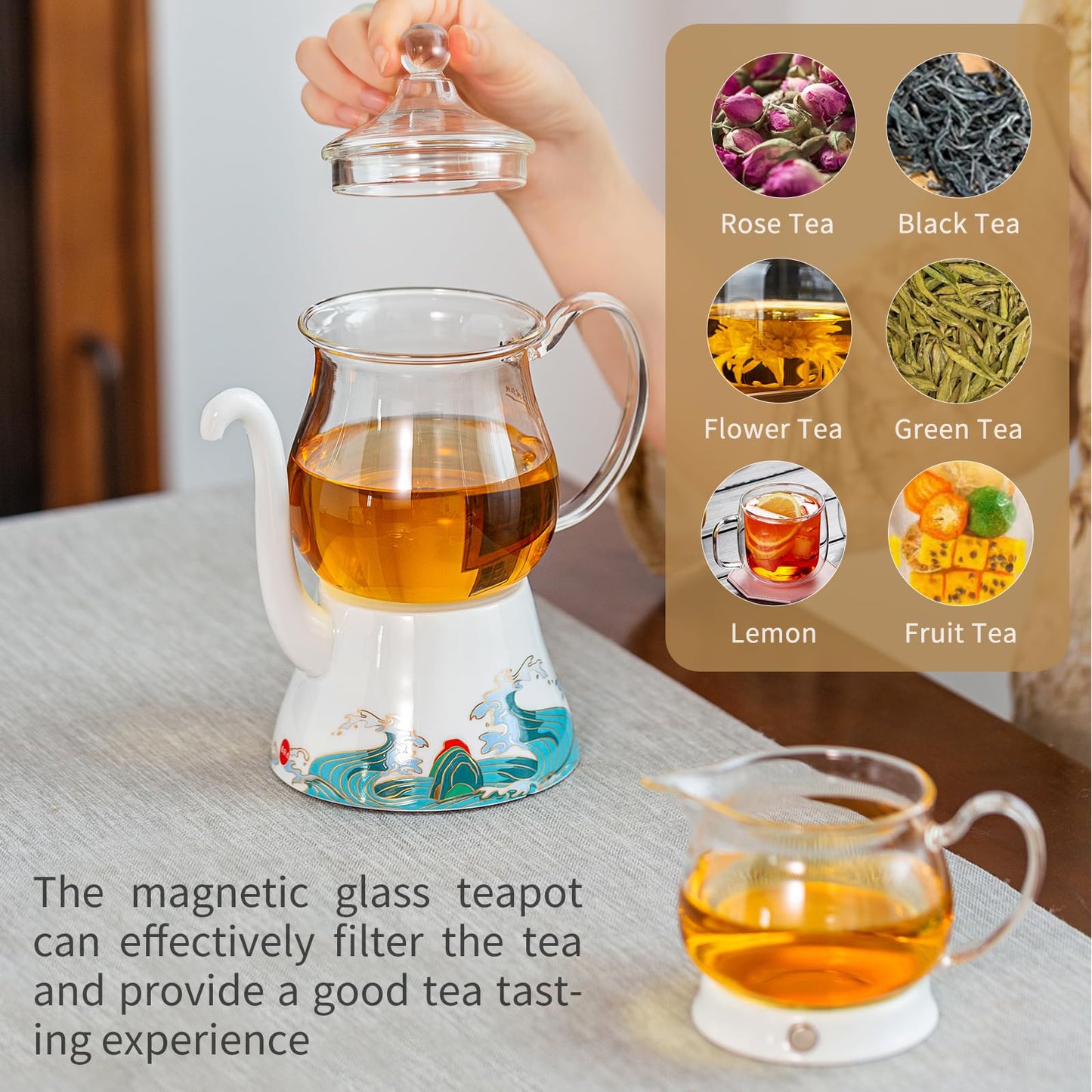 DUPODU Glass Teapot Set, Kungfu Glass Tea Pot With Infuser, For Tea Party, Semi Automatic, Teapot Set With Cups, Drip Rotating With Infuser Glass Teapot Set (2 Cups).