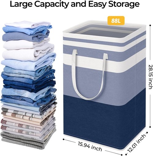 HomeHacks Large Waterproof Laundry Basket - Collapsible Tall Hamper with Extended Handles | Blue, 88L