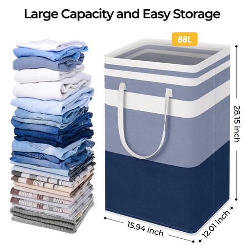 HomeHacks 2-Pack Large Laundry Basket, Waterproof, Freestanding Laundry Hamper, Collapsible Tall Clothes Hamper with Extended Handles for Clothes Toys in the Dorm and Family (Blue, 88L)