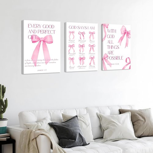 Coquette Pink Bow Wall Art | Inspirational Bible Verse Decor | 12x16 Inch Set of 3 for Teen Girls