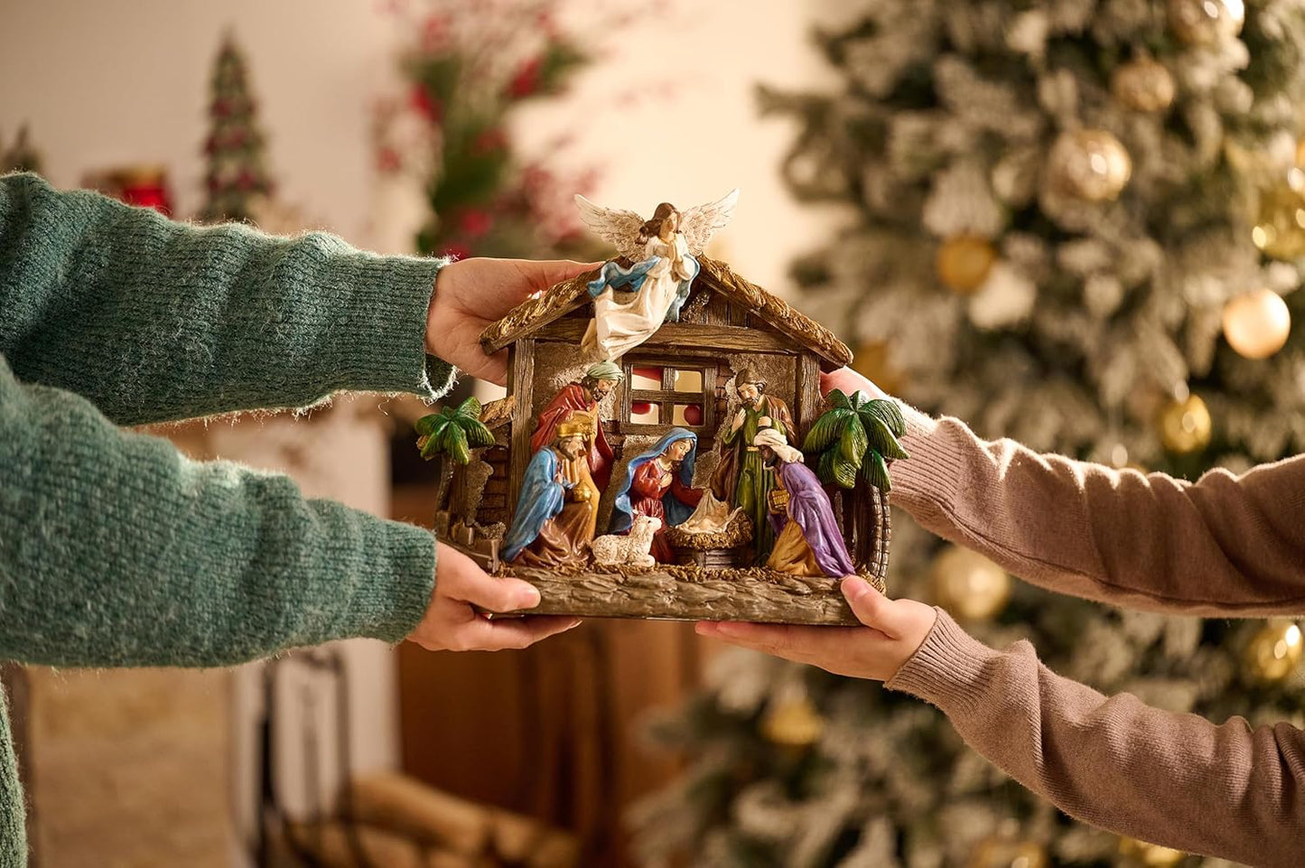 Valery Madelyn Nativity Figurines Set - LED Lights & Red Gold Holy Family | 10.6 Inch Resin Manger Decor