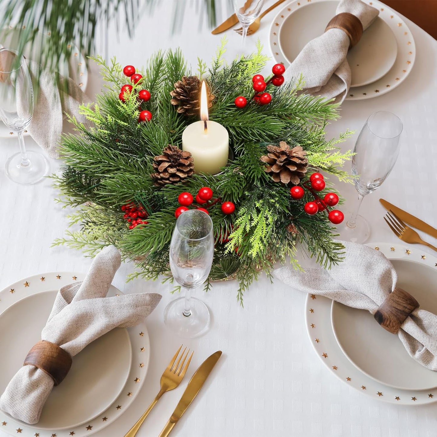 Mumufy Christmas Centerpiece Candle Holder - 12 Inch Mini Tabletop Decoration with Pine Cones & Red Berries