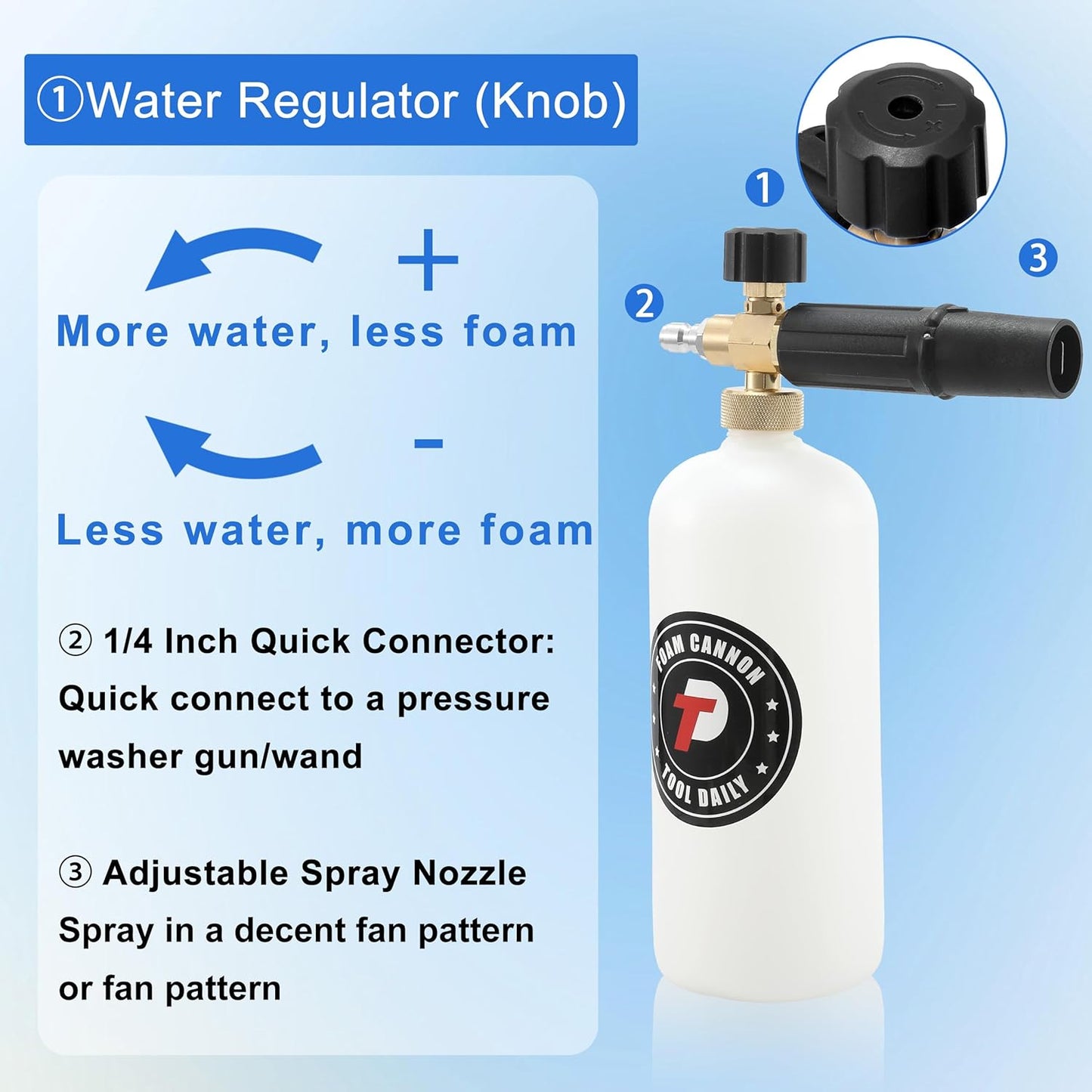 Tool Daily Foam Cannon - Dual Connector Accessory with 5 Nozzle Tips | 1 Liter Capacity