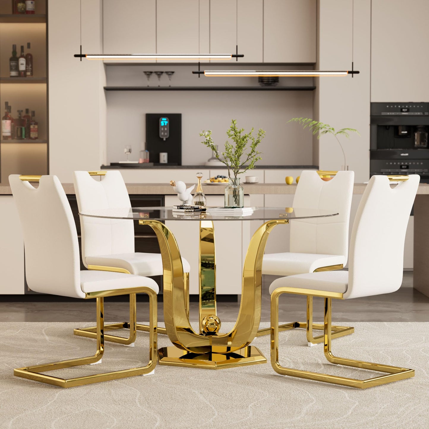 47.2" Round Glass Dining Table for 4-6, Modern Dining Room Table with Circular Tempered Glass Tabletop, Kitchen Table with Stainless Steel Frame for Dining Room, Kitchen, Apartment, Dwelling (Golden)