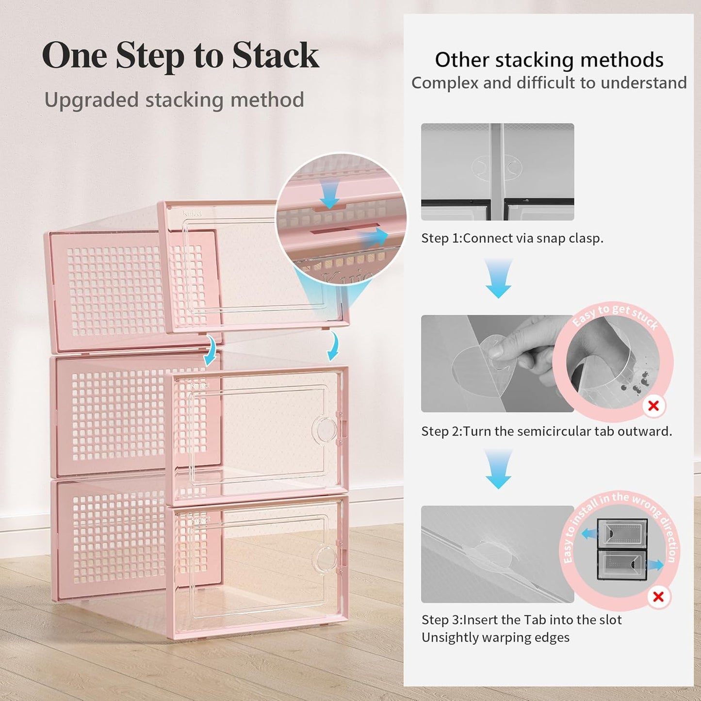 Kuject X-Large Shoe Storage Boxes - Clear Plastic Stackable Organizers | 12 Pack for Sneakers & Toys - Pink