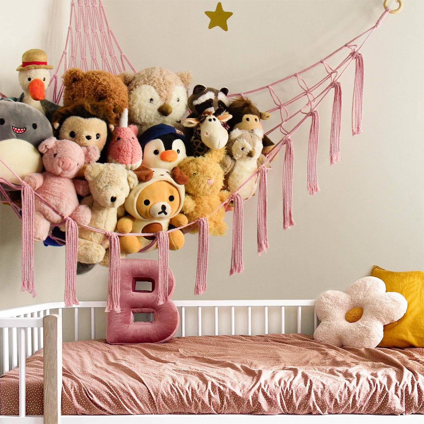 Mirolam Stuffed Animal Storage Hammock - Large Pink Toy Organizer for Nursery Corner Decor