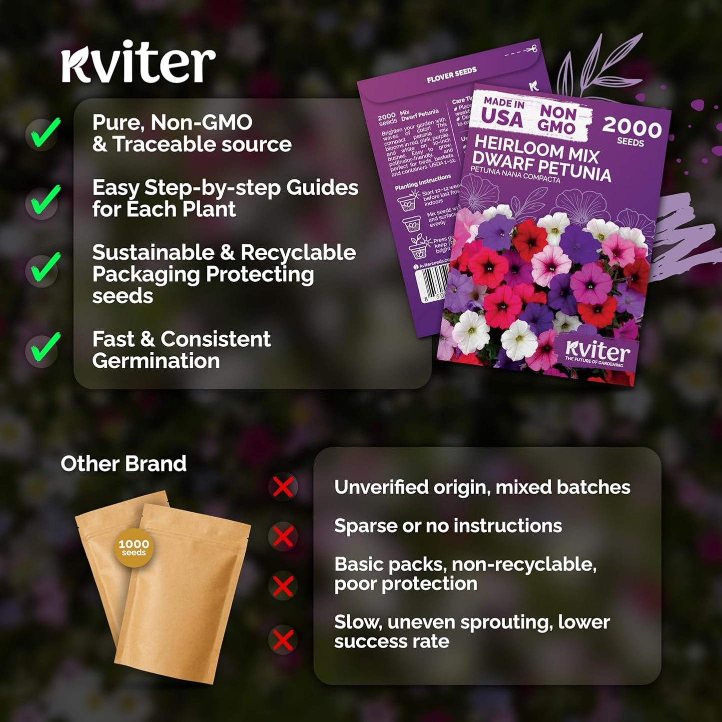 KVITER Dwarf Petunia Seeds - 2,000 Organic & Non-GMO Mini Flower Seeds for Indoor/Outdoor Gardens