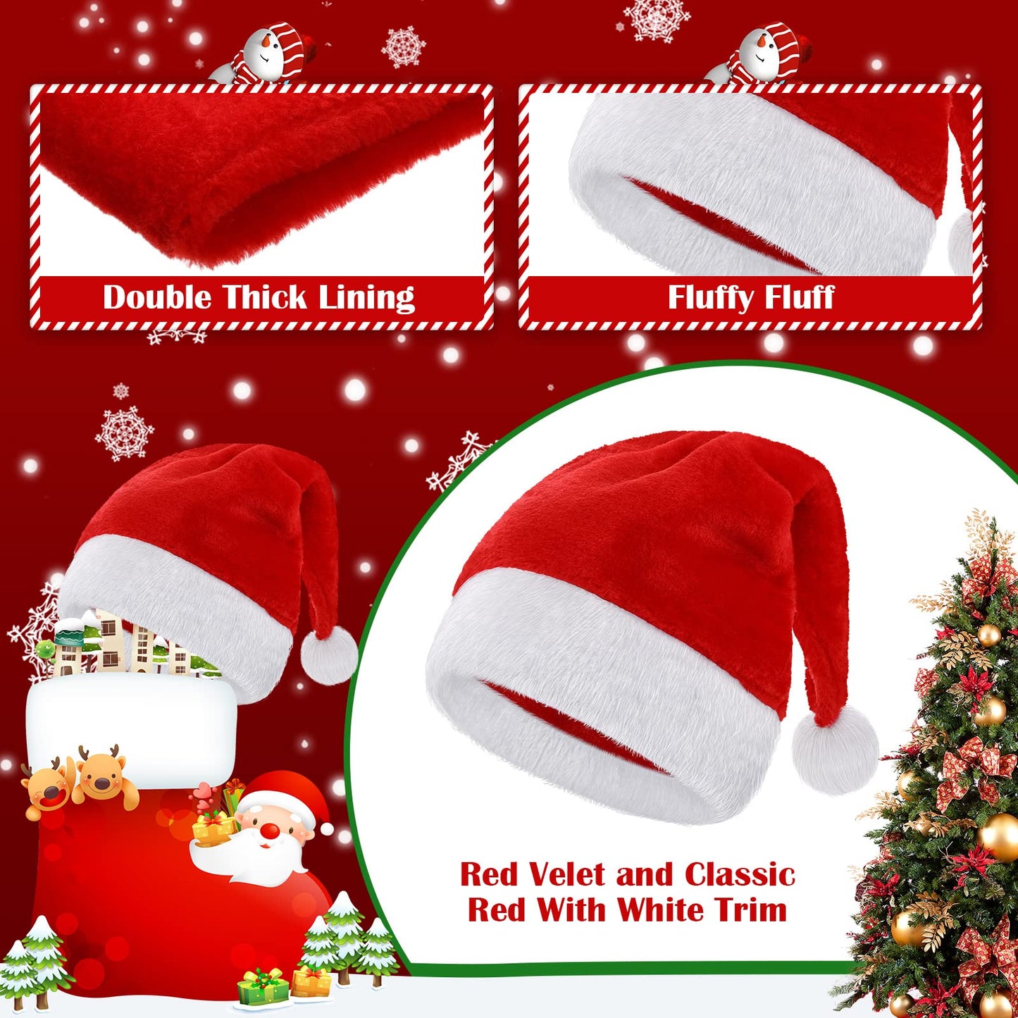 Jadive 30 Pcs Velvet Santa Hats Adult Bulk Thick Xmas Operation Christmas Family Holiday Hats with Comfort Lining New Year Festive (Red)