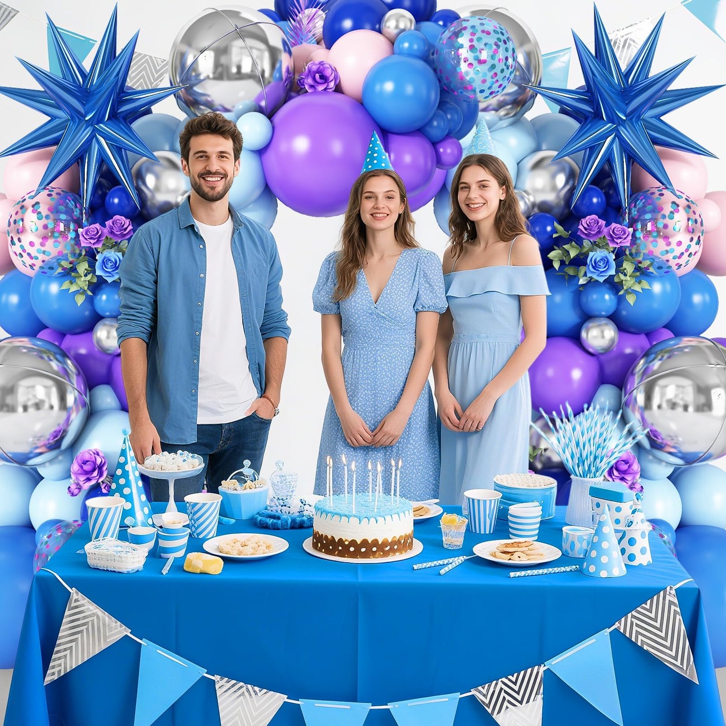 Blue Purple Silver Balloon Arch Garland Kit with Blue Star Foil Balloons Silver 4D Round Balloons for Hawaii Theme Baby Shower Birthday Party Decorations