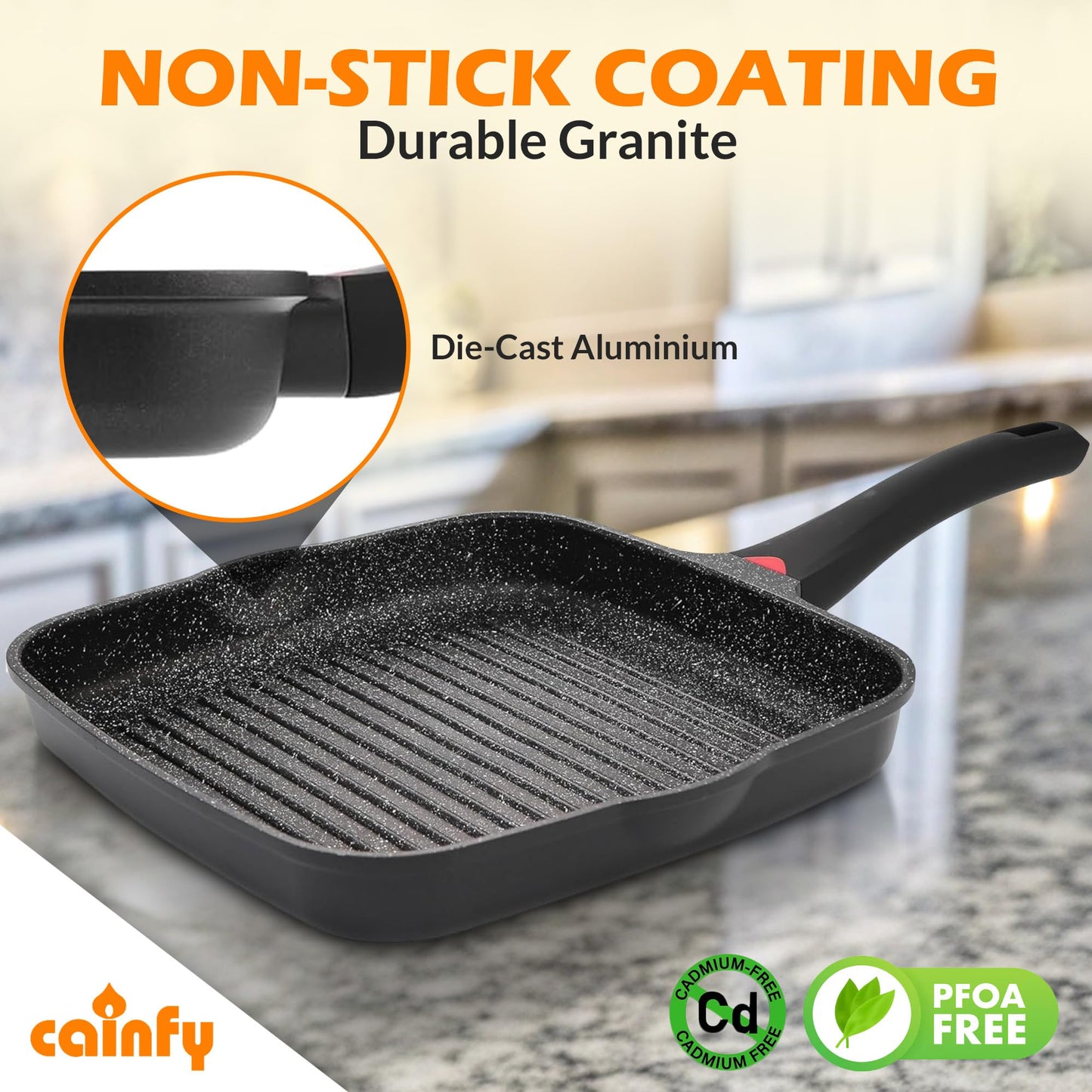 CAINFY 11 Inch Non Stick Grill Pan Granite Coated with Pour Spout - Lightweight 2.66 Quart Grill Pan for Indoor Cooking with Grip Handle - Induction Compatible PFOA Free Stove Top (Black)