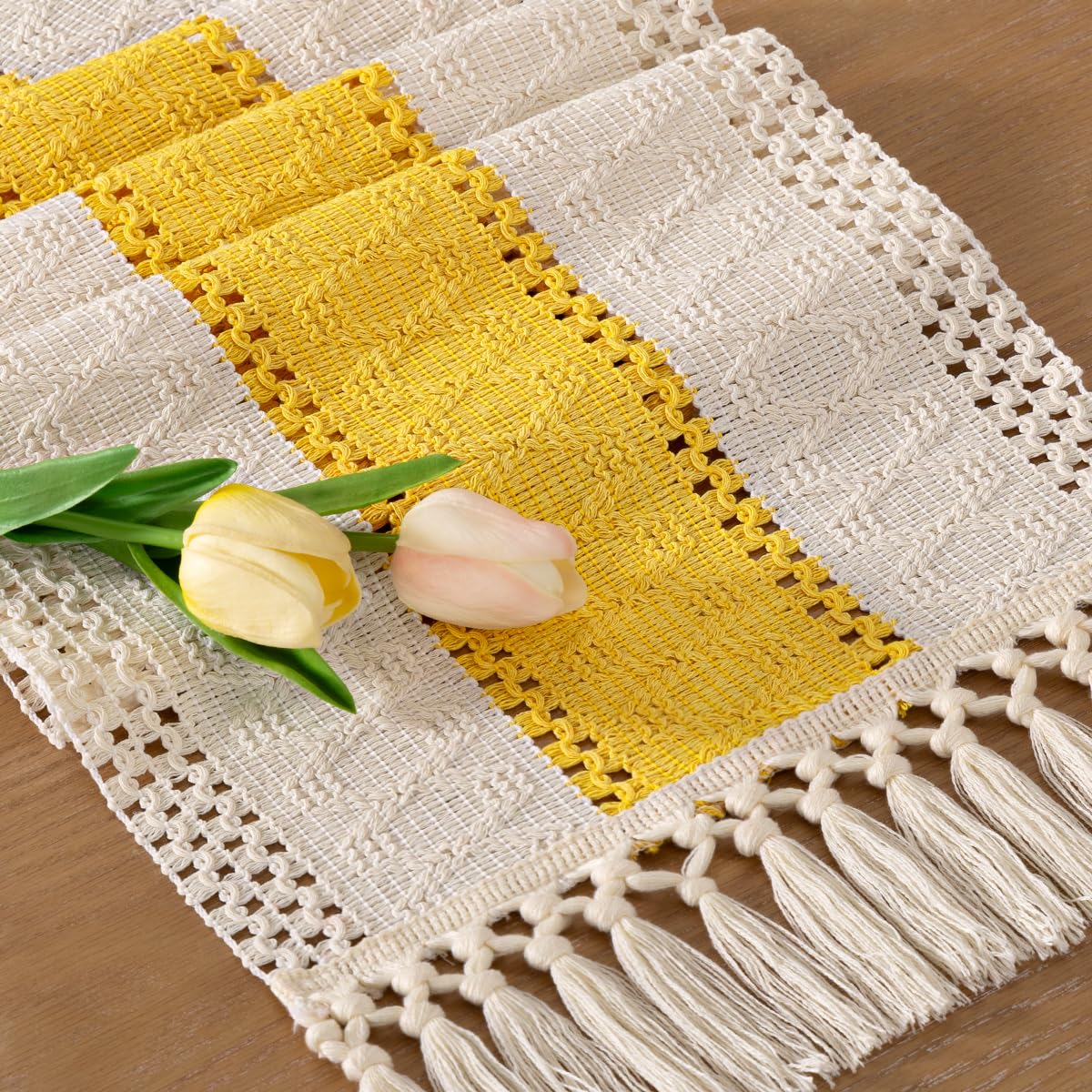 Socomi Boho Table Runner Easter Spring Farmhouse Rustic Dining Kitchen Centerpiece Decor Small Macrame Woven Cotton Coffee Table Runner for Dresser Scarf Home Decor 12x36 in Yellow Gold Ivory