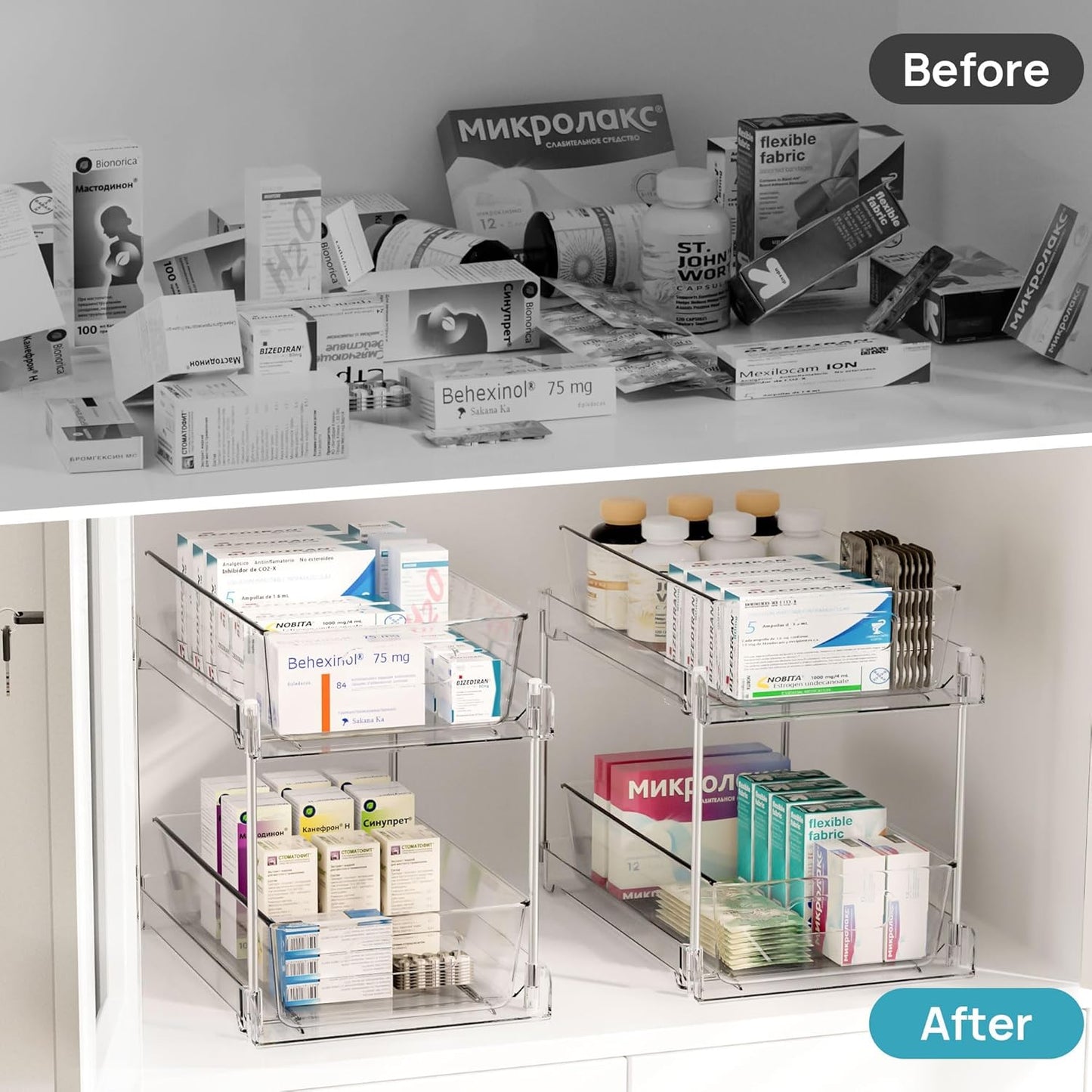 Vtopmart 4-Pack Bathroom Organizer - 2-Tier Clear Under Sink Storage Bins for Vanity & Kitchen