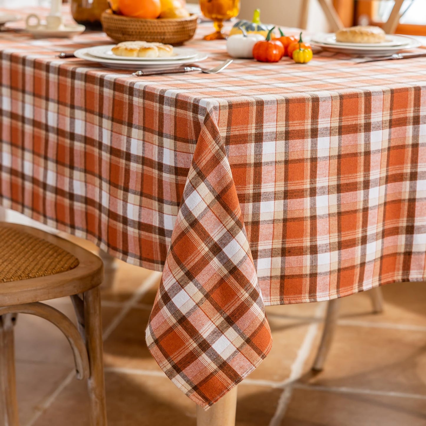 Joyfol Day 55x102 Inch Thanksgiving Tablecloth - Rust Tartan Rectangle Table Cover, Washable Fall Decor for Holiday Parties (Kitchen/Dining)