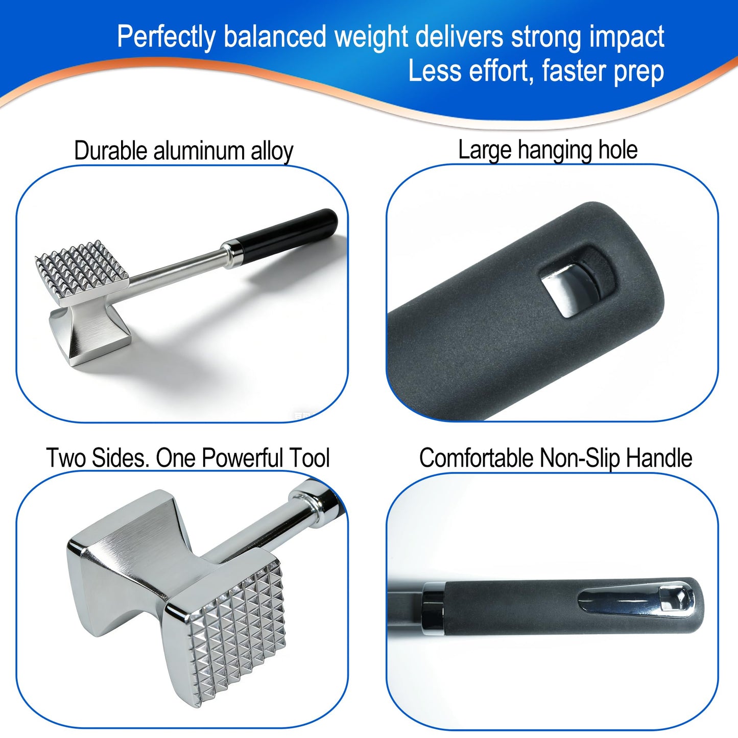 Meat Tenderizer Hammer, Dual-Sided Aluminum Alloy Mallet with Non-Slip Comfort Grip – Heavy Duty Kitchen Pounder for Steak, Beef, Chicken, Fish & More
