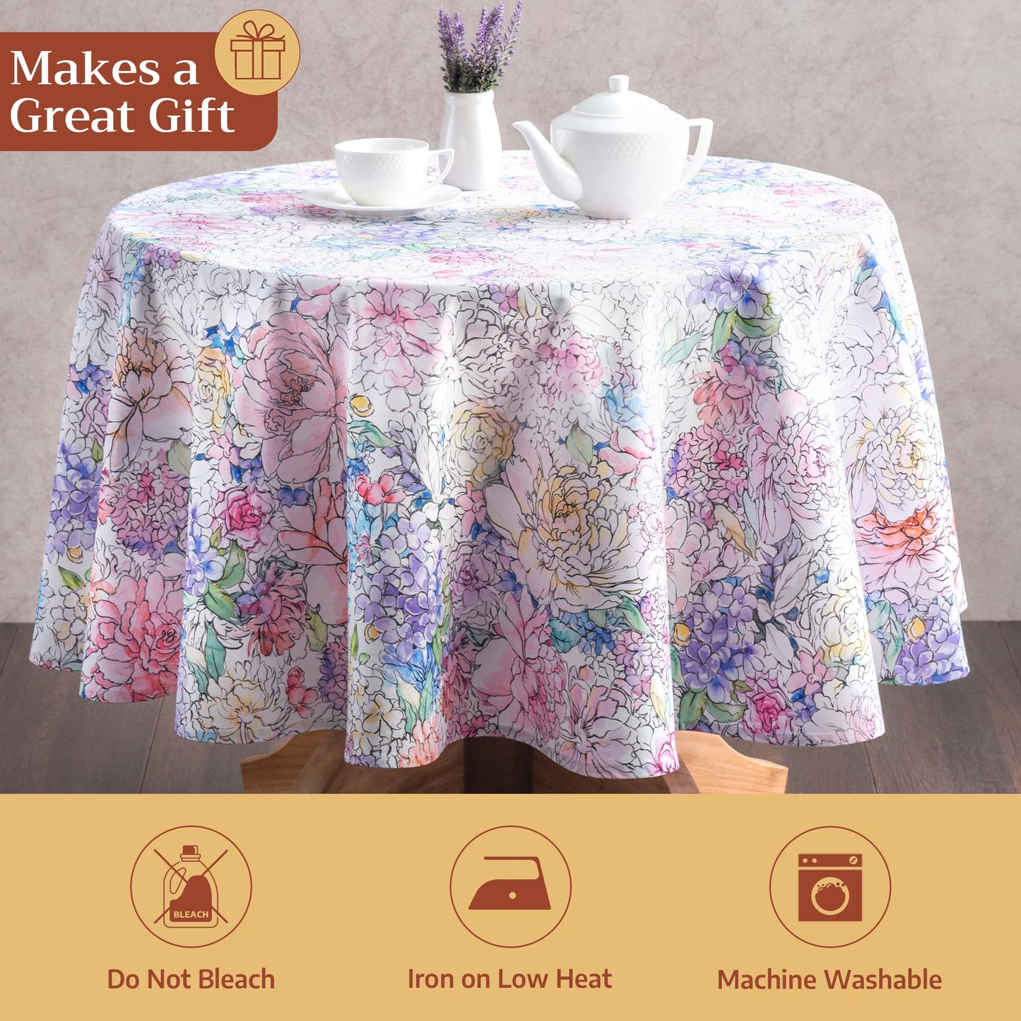 Maison d' Hermine Table Cloth Round Table 100% Cotton 63 Round Inches Tablecloth Reusable Decorative for Dining Kitchen Room Farmhouse Home Gifts for Mothers Day Spring Summer - Floral Love