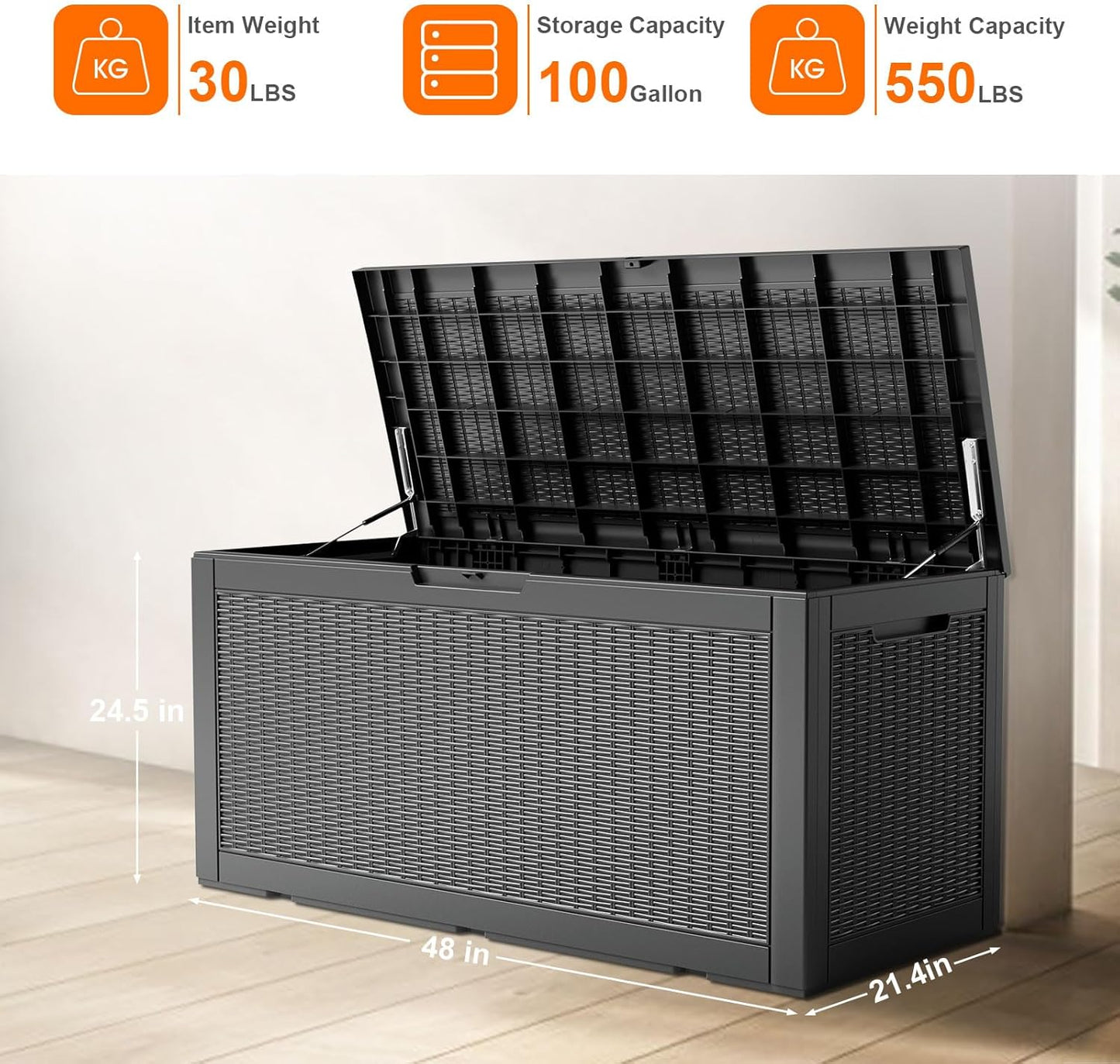 Skiennix 100 Gallon Outdoor Deck Box - Lockable Waterproof Storage for Garden Tools & Cushions | Black