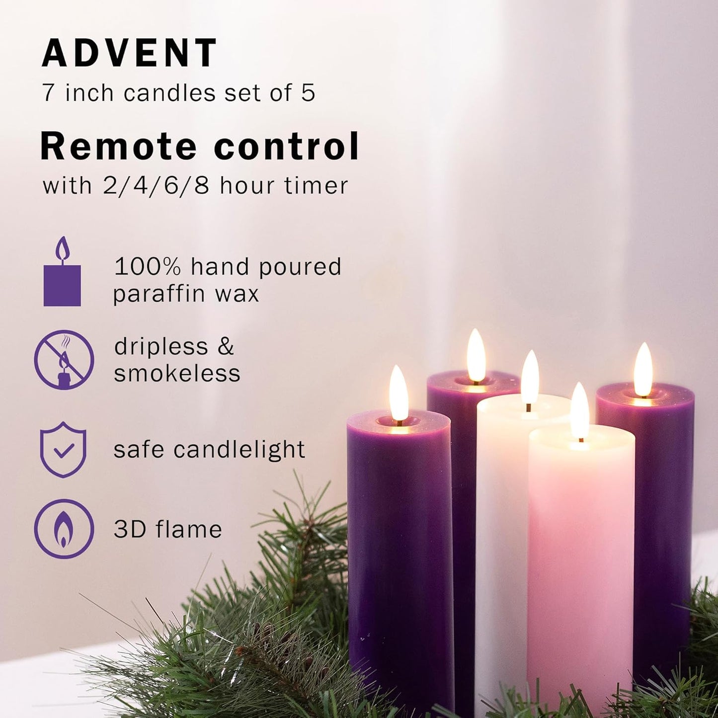 Stmarry Flameless Advent Candles Set - Battery Operated with Remote & Timer | 2x7 Pink & Purple Pillar Candles