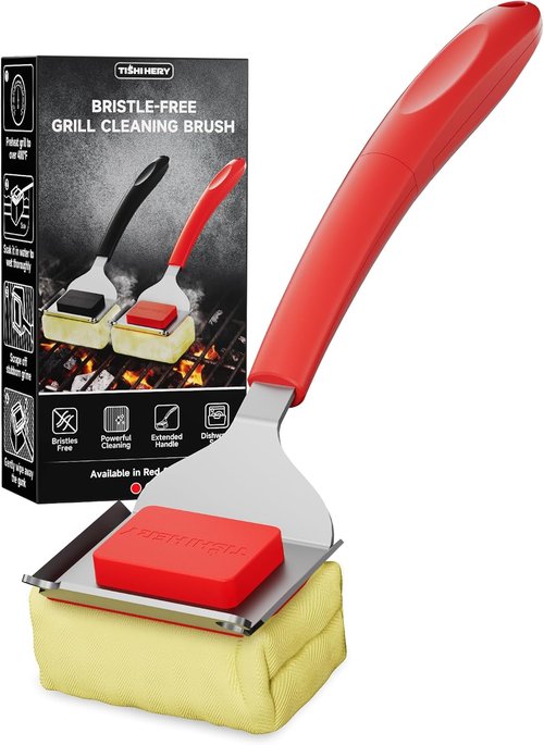 Bristle Free Grill Brush - Safe Steam BBQ Cleaner with Scraper | Replaceable Head for Cast Iron, Stainless Steel, Porcelain Grates - Red